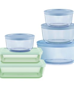 Pyrex Simply Store Tinted 12-piece Storage Set with Plastic Lids, Green and Blue